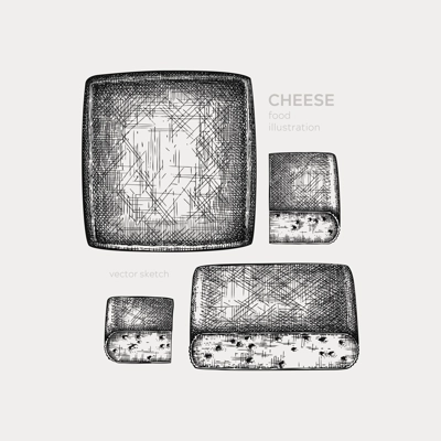Cheese hand drawn illustration collection. Food design elements. Vector cheese sketches in engraved style. Dairy products drawings for menu, stores, banners, packaging design.